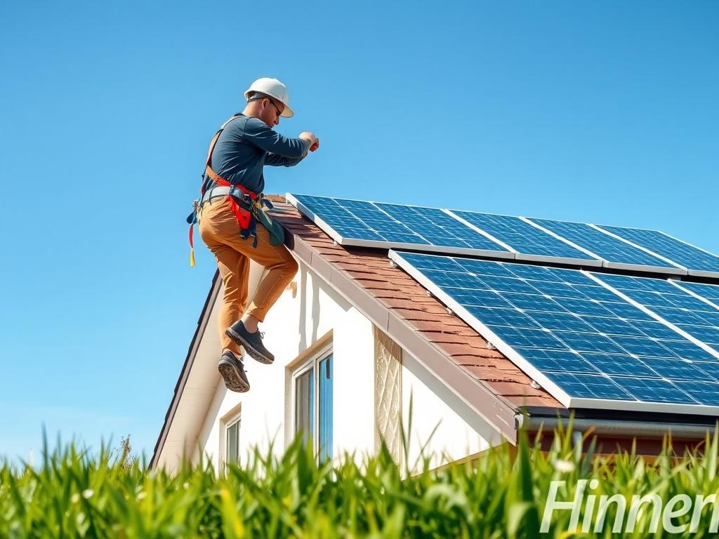 A high resolution image of a professional technician installing solar