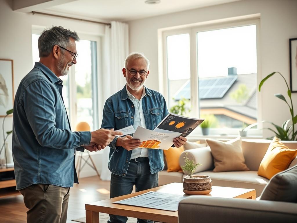 A friendly solar consultant discussing plans with a homeowner in