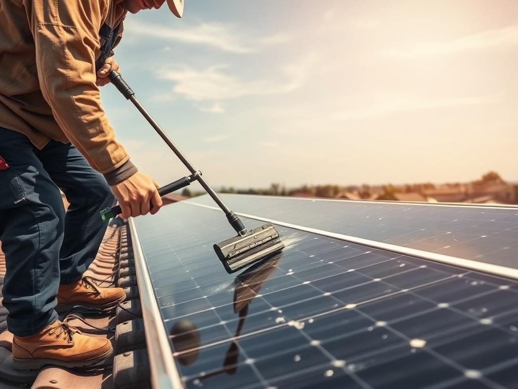 A technician carefully cleaning solar panels on a rooftop under
