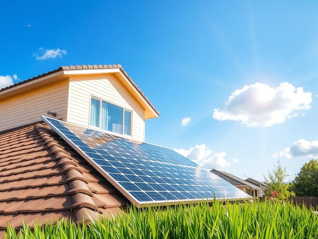 Create a realistic high-resolution photo depicting a solar panel installation on the roof of a modern suburban home. The composition should be simple and clear, featuring a single solar panel prominently in the foreground, angled towards the sun, showcasing its glossy surface and sleek design. In the background, include a well-maintained garden with lush green grass and flowering plants to highlight the eco-friendly aspect of solar energy. Make sure the sky is bright blue with a few fluffy clouds, symbolizi