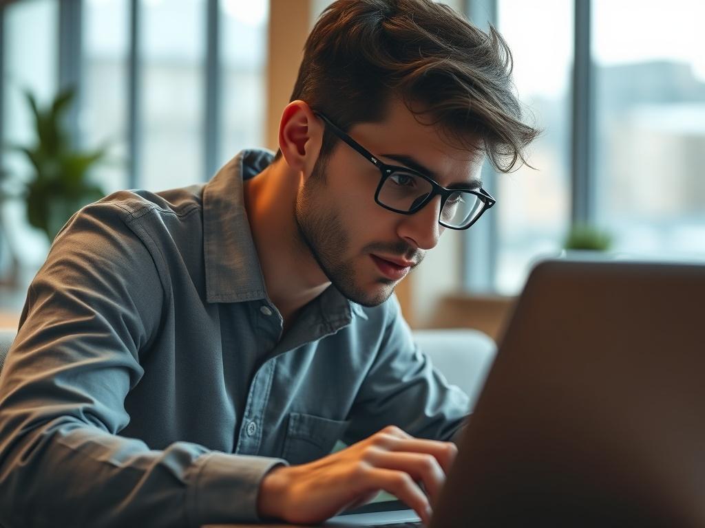A hyper-realistic close-up shot of a person engaging with an AI interface on a laptop, with an expression of focus and determination. The background should be a modern office environment, featuring soft lighting that highlights the subject's concentration. The color palette should align with the primary color rgb(193, 153, 87), creating a warm and inviting atmosphere.