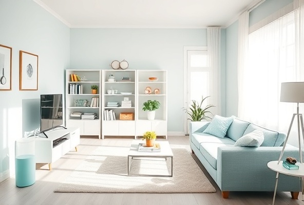 Bright, clean residential living room with teal and white color scheme
