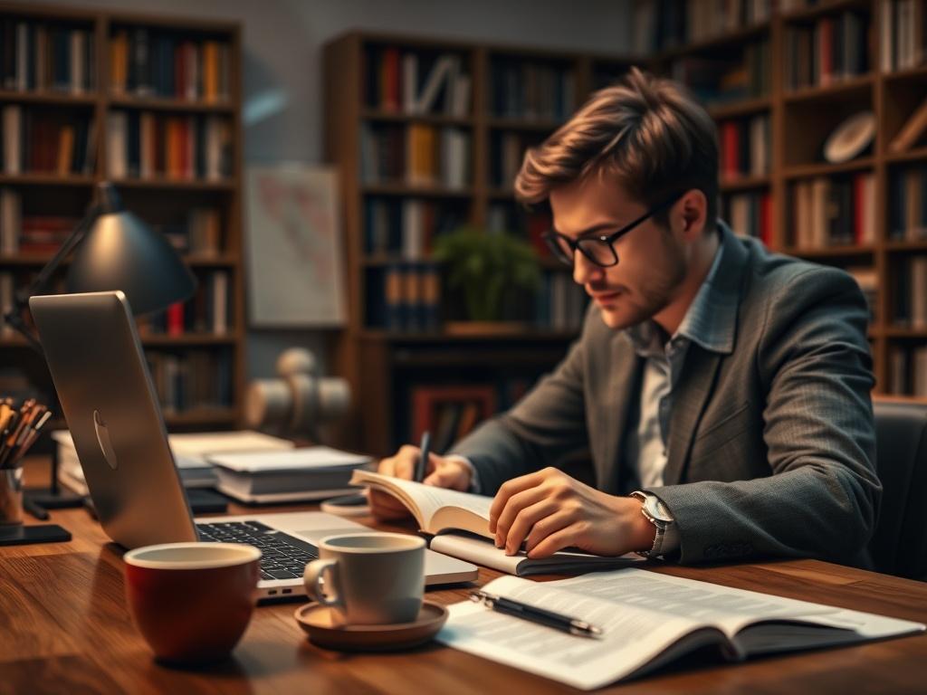 A high-resolution image of an editor's desk featuring a laptop, notes, and a cup of coffee, with a focused editor reviewing a manuscript. The setting should convey a professional ambiance with bookshelves in the background and warm, inviting lighting.