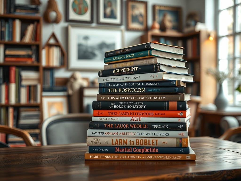 A high-resolution image of a collection of books stacked on a wooden table, showcasing diverse book covers with titles visible. The setting should have a cozy atmosphere with soft lighting and a blurred background of a home library filled with more books and art pieces.