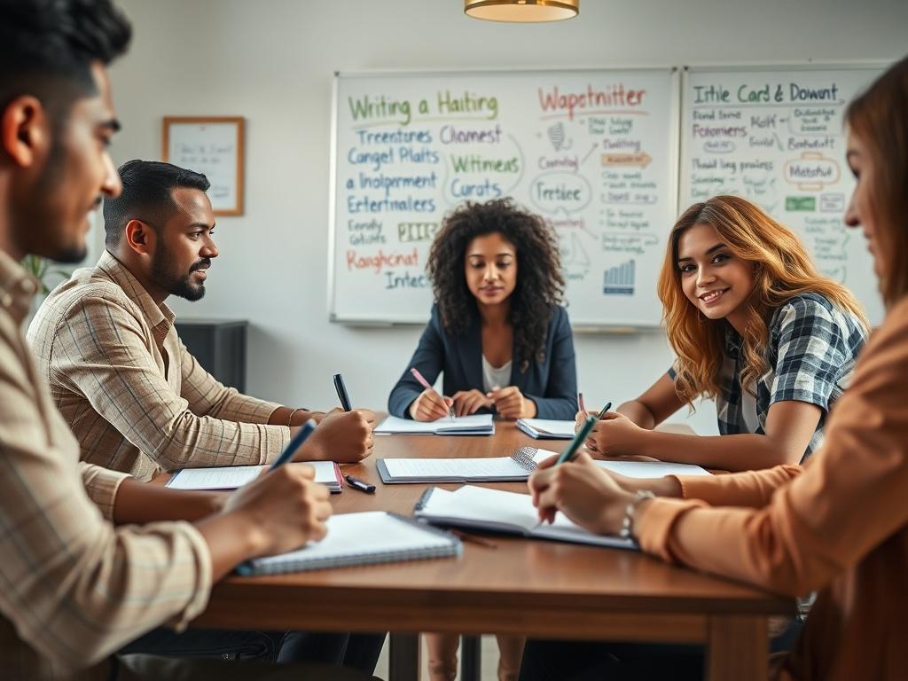 A high-resolution image of a group of diverse individuals sitting around a table with notebooks and pens, engaged in a writing workshop. The scene should reflect an inviting atmosphere with natural light streaming through a window and a whiteboard filled with brainstorming ideas in the background.