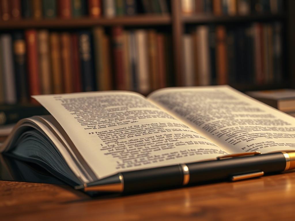 A realistic high-resolution photo showcasing a close-up of a manuscript on a desk with a pen lying beside it. The manuscript should display handwritten edits and comments in the margins, conveying an active editing process. The background should include a warm, inviting atmosphere with a soft-focus bookshelf filled with books.