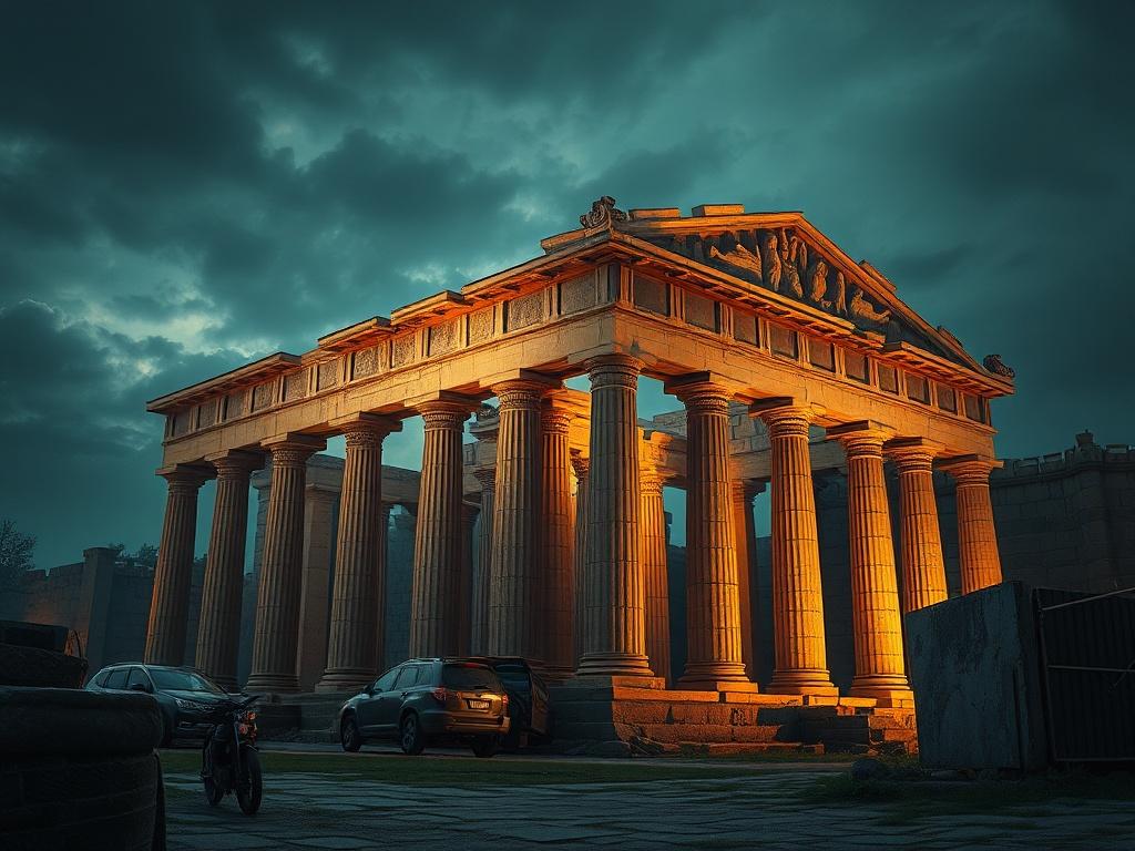 A historical artwork depicting an ancient landmark, rich in detail and color. The scene should be illuminated with dramatic lighting, emphasizing textures and architectural features. The composition must invite viewers to explore the depth of history, rendered in high resolution with a 45mm f/1.2 lens.