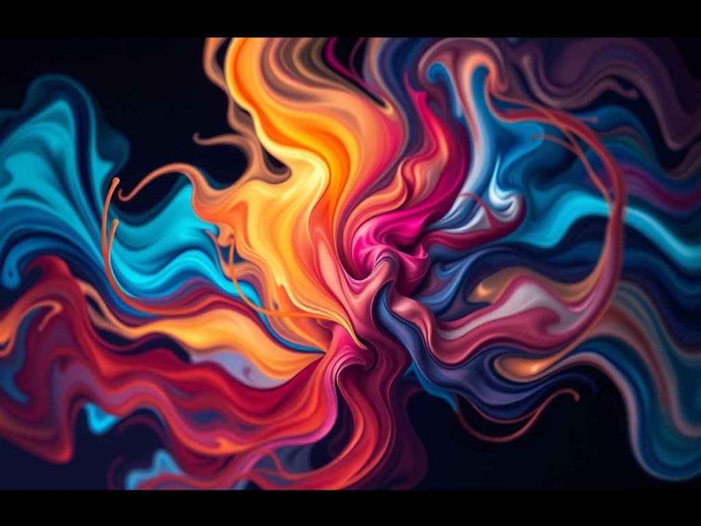 An abstract artwork showcasing a vibrant interplay of colors and shapes, emphasizing deep emotions. The composition should be dynamic, with swirling forms and bold hues, creating a sense of movement and depth. The artwork should resonate with viewers, inviting them to explore their own feelings, rendered in high resolution with a 45mm f/1.2 lens.