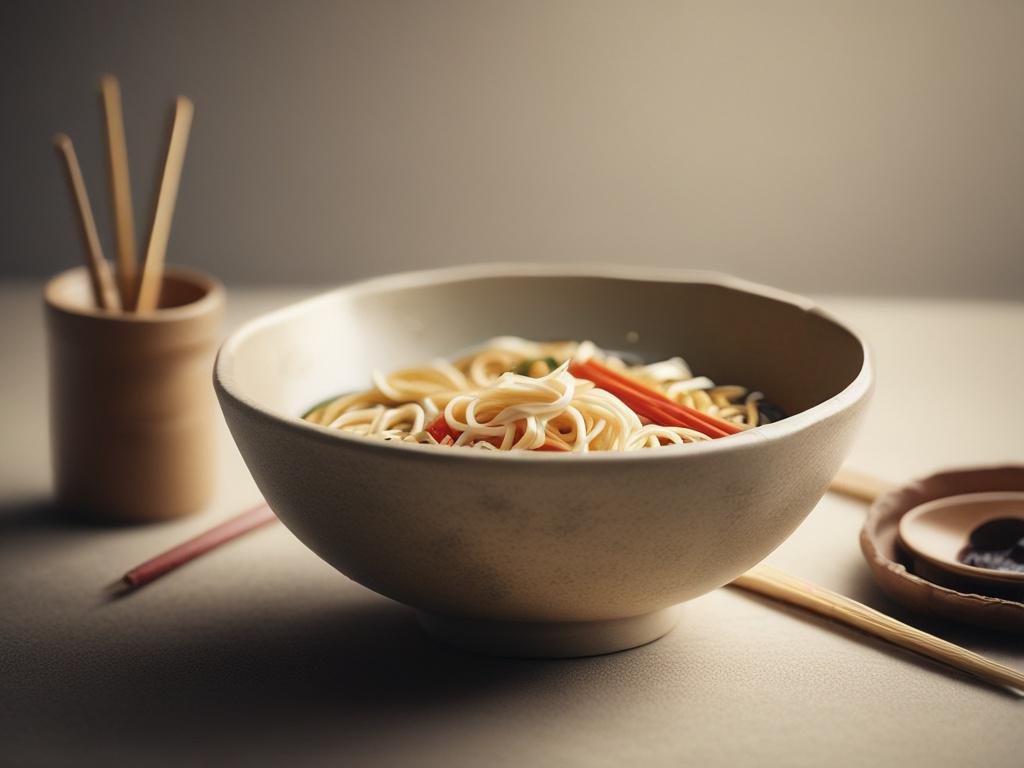 elegant ramen bowl set, bamboo chopsticks, Asian aesthetics, dining atmosphere