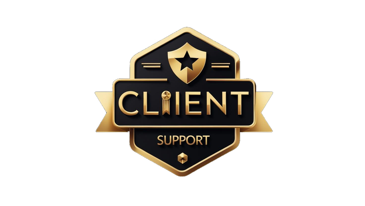 create premium client support badge logo for website and use golden and black colour make background all black no shadows so i can remove it easily.png