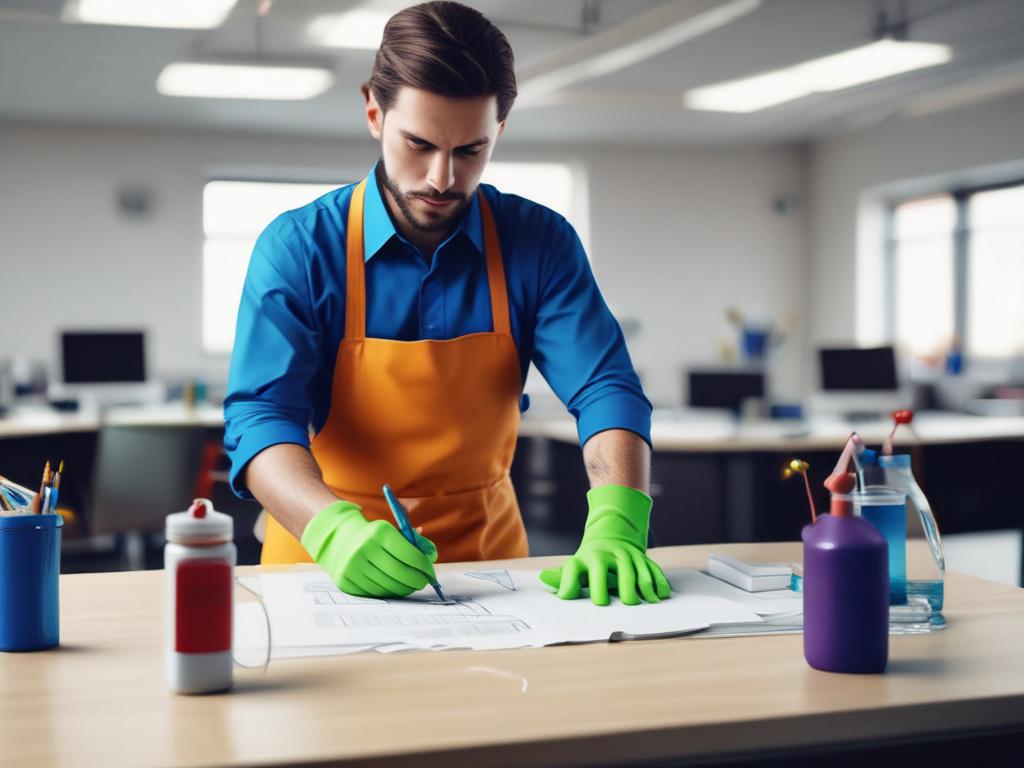 A high-resolution image of a professional cleaner in a modern office setting, focused on cleaning a desk with sanitizing supplies. The cleaner is wearing a uniform and gloves, showcasing attention to detail. The office has large windows allowing natural light to illuminate the space, with plants and organized desks in the background. The composition is simple and clear, emphasizing the cleaner as the main subject, creating a sense of professionalism and cleanliness.