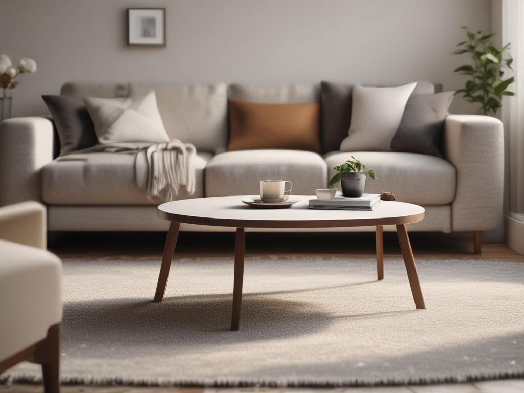 A close-up shot of a sparkling clean living room, showcasing a polished coffee table, spotless couch, and neatly arranged decor. The scene is well-lit, highlighting the cleanliness and inviting atmosphere of the room.