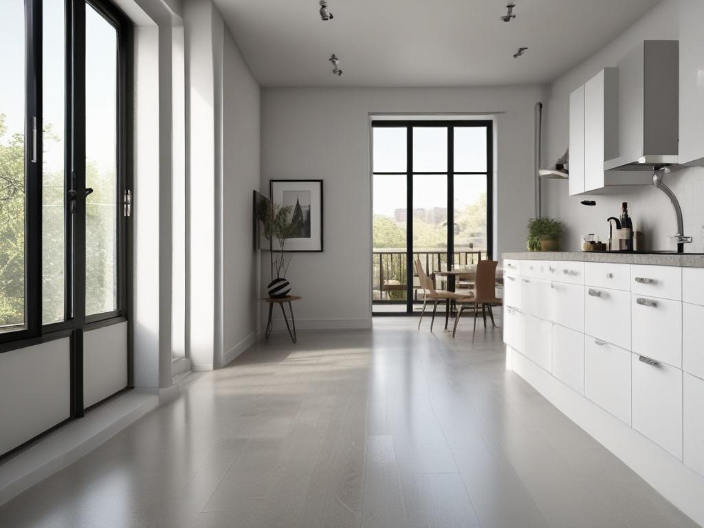 A close-up of a freshly cleaned empty apartment, showing immaculate floors, gleaming kitchen surfaces, and spotless bathrooms. The image captures the essence of a clean slate ready for new occupants.