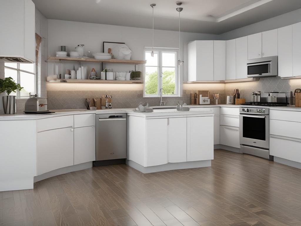A hyper-realistic image of a clean kitchen with shining countertops, gleaming appliances, and pristine floors. The focus is on the sparkling surfaces, emphasizing the freshness and cleanliness that comes from a deep clean.