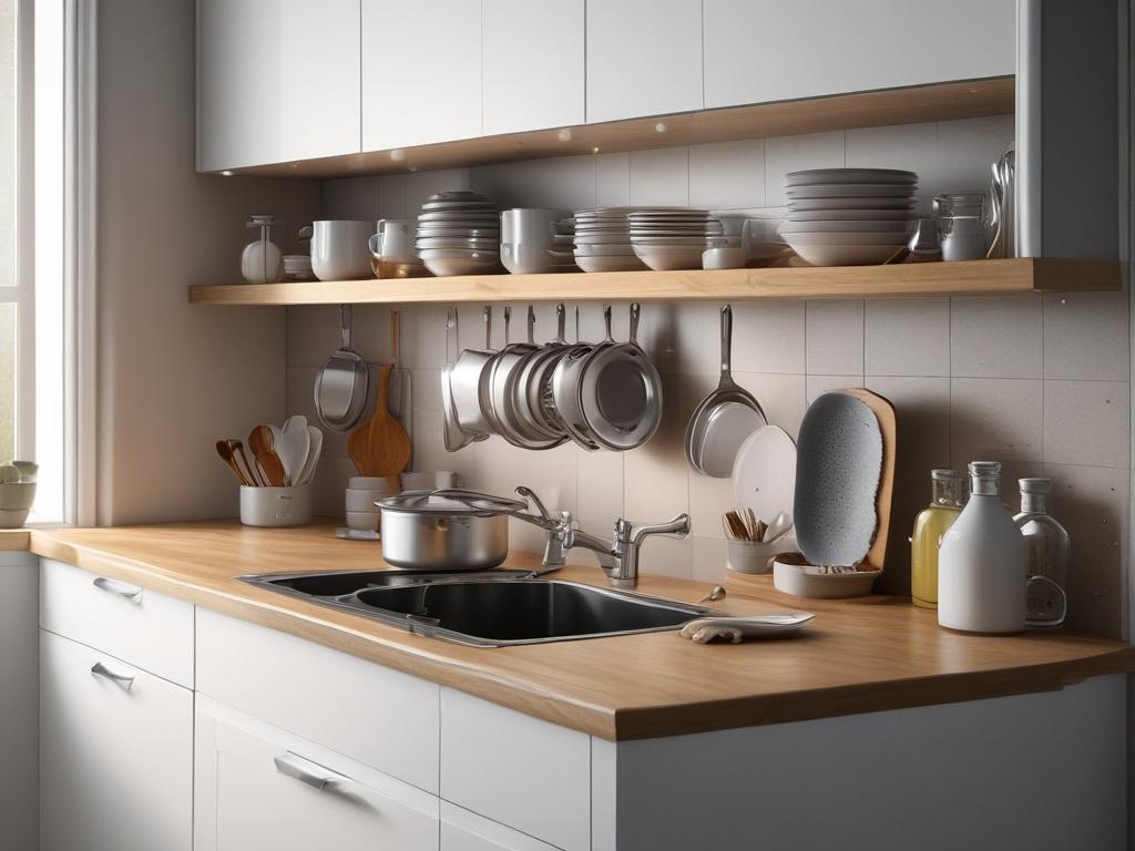 A sparkling kitchen with gleaming countertops and spotless appliances. The focus is on an open cabinet showcasing neatly organized dishes. The room is bathed in warm light, creating an inviting atmosphere. The background features a clean floor and tasteful decor, emphasizing the meticulous attention to detail.