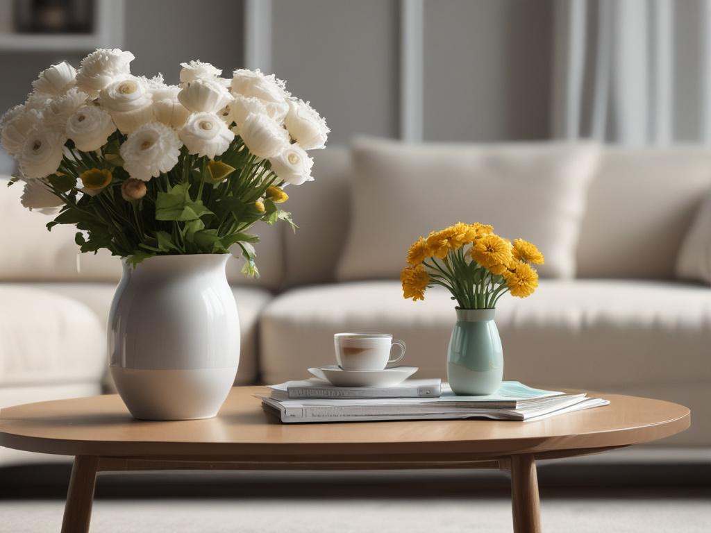 A clean and organized living room with a modern aesthetic. The focal point is a spotless coffee table with a vase of fresh flowers. Soft natural light streams in through a window, highlighting the gleaming surfaces. The background features a comfortable sofa and decorative accents, all arranged in a simple and inviting manner.