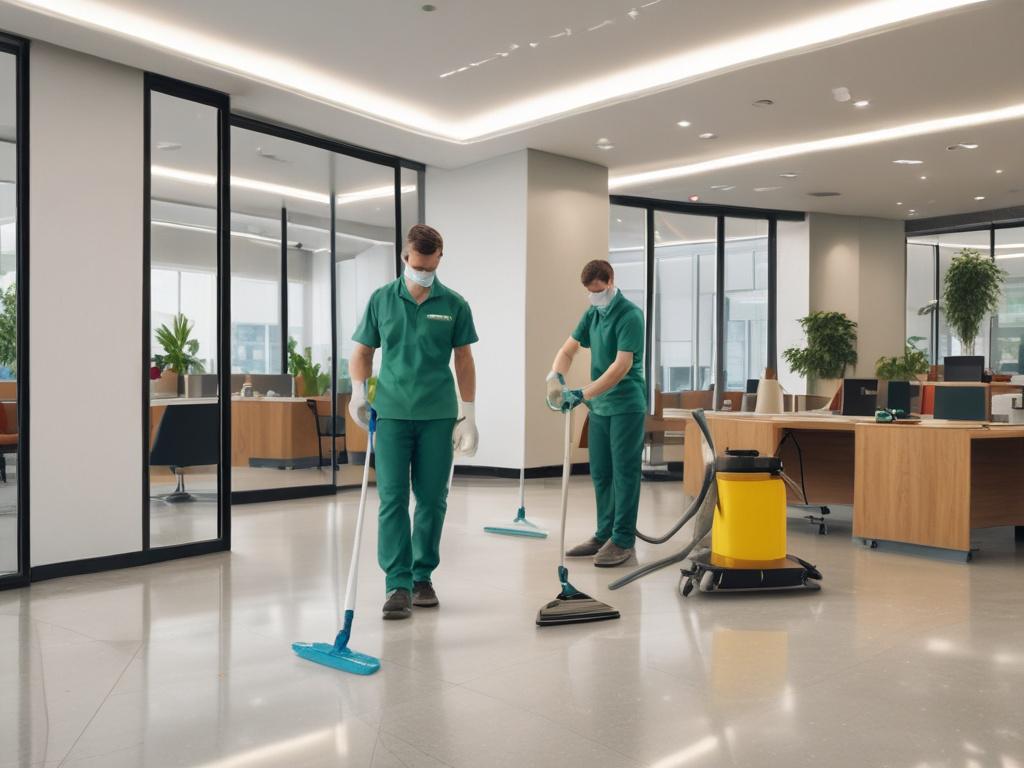 A professional cleaner in a uniform meticulously cleaning a modern office building foyer. The scene captures the cleaner using eco-friendly cleaning supplies, showcasing a bright and welcoming environment. The background features sleek furniture and large windows allowing natural light to flood the space, emphasizing cleanliness and professionalism.