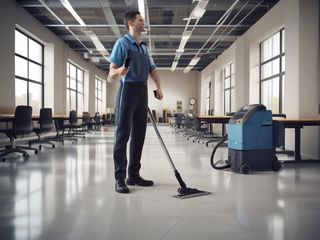 A professional office cleaning scene showcasing a clean, organized workspace. The image should feature a janitor in uniform, using a vacuum cleaner on a plush carpet, with a tidy desk and modern office furniture in the background. Sunlight streams through large windows, illuminating the gleaming surfaces. The janitor is focused and diligent, embodying professionalism. The overall atmosphere should convey cleanliness, order, and a welcoming environment.
