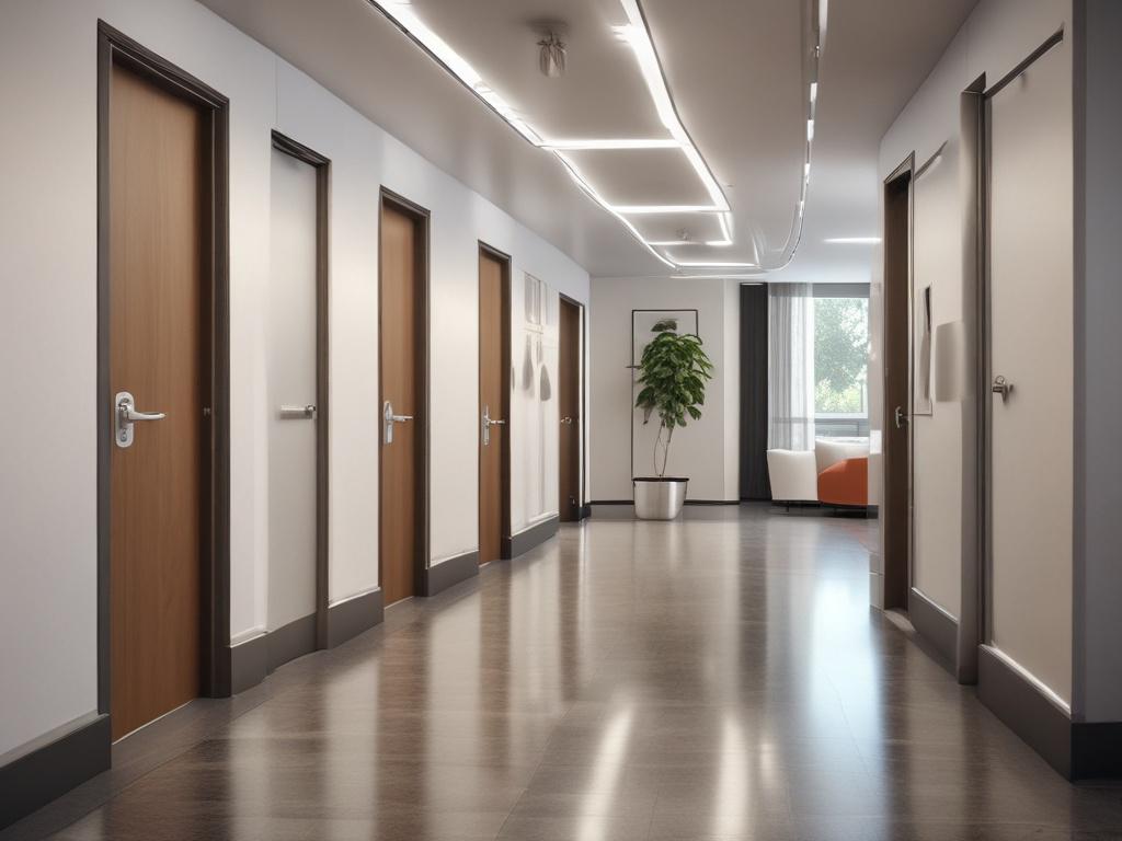 A realistic high-resolution photo of a clean and well-maintained hallway in an apartment complex. The focus should be on the shiny, polished floors and freshly cleaned walls, with bright lighting illuminating the space. The hallway should be lined with stylish, modern doors leading to apartments, and there should be a small indoor plant in a corner that adds a touch of greenery. The composition should be simple and clear, showcasing the cleanliness and inviting atmosphere of the hallway.