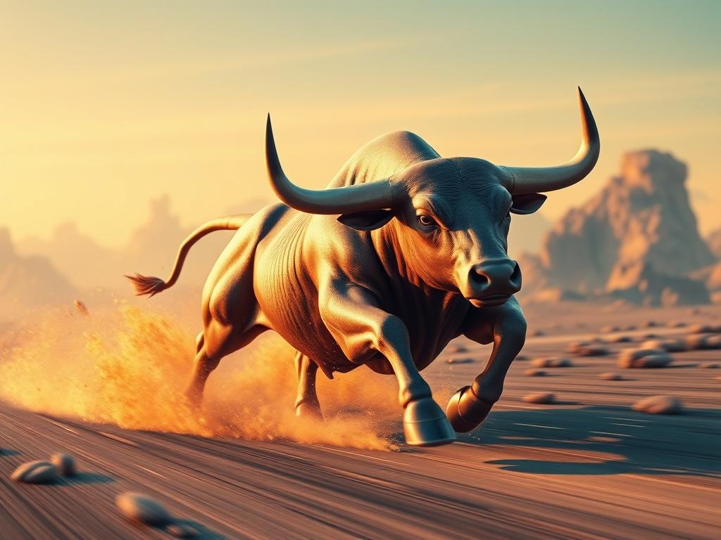 A digital representation of a bull charging through a futuristic