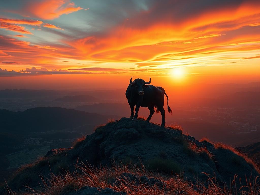 A powerful bull standing proudly on a hill, overlooking a