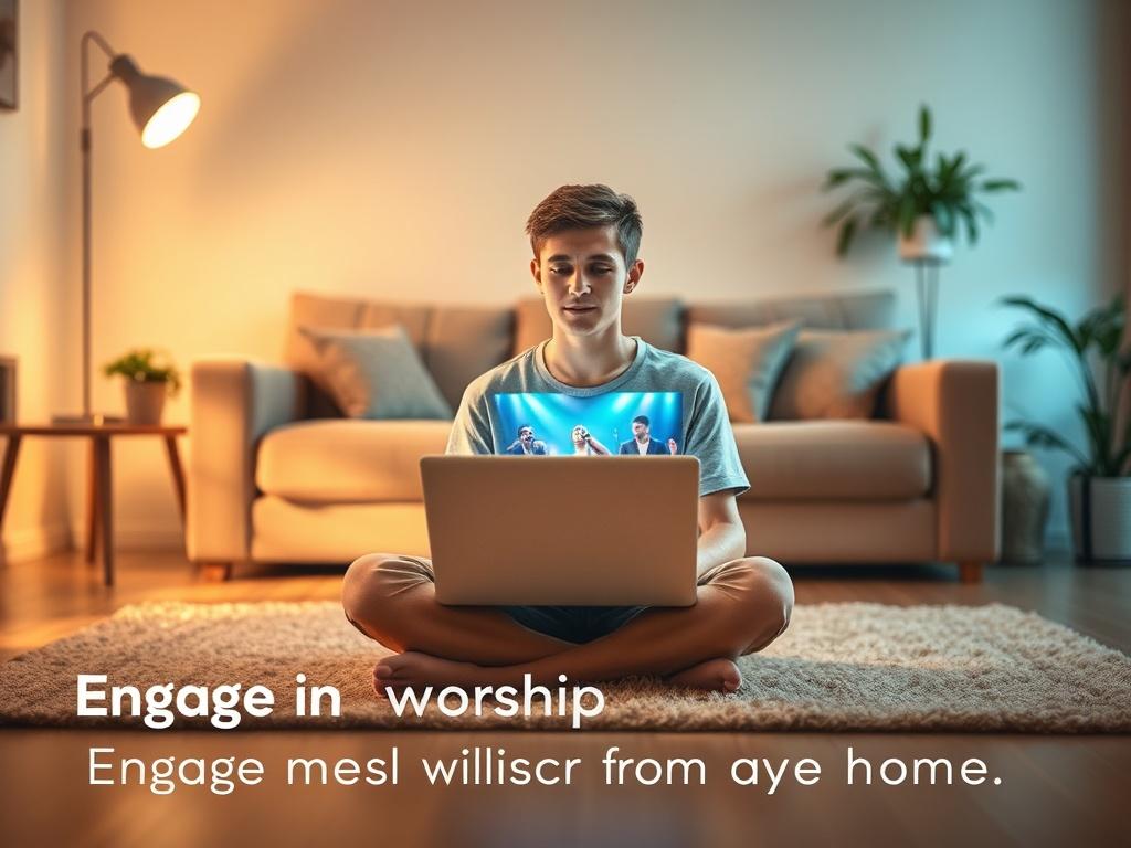 Create a realistic high-resolution image that reflects the essence of live-streamed worship services. The composition should be simple and clear, featuring a single subject: a warm and inviting living room where a person is engaged in meaningful worship. The subject should be a young adult, sitting cross-legged on a cozy rug, with a soft expression of reflection and connection. 

In front of them, place a laptop or tablet, displaying a vibrant and engaging live-streamed worship service, with soft glowing li