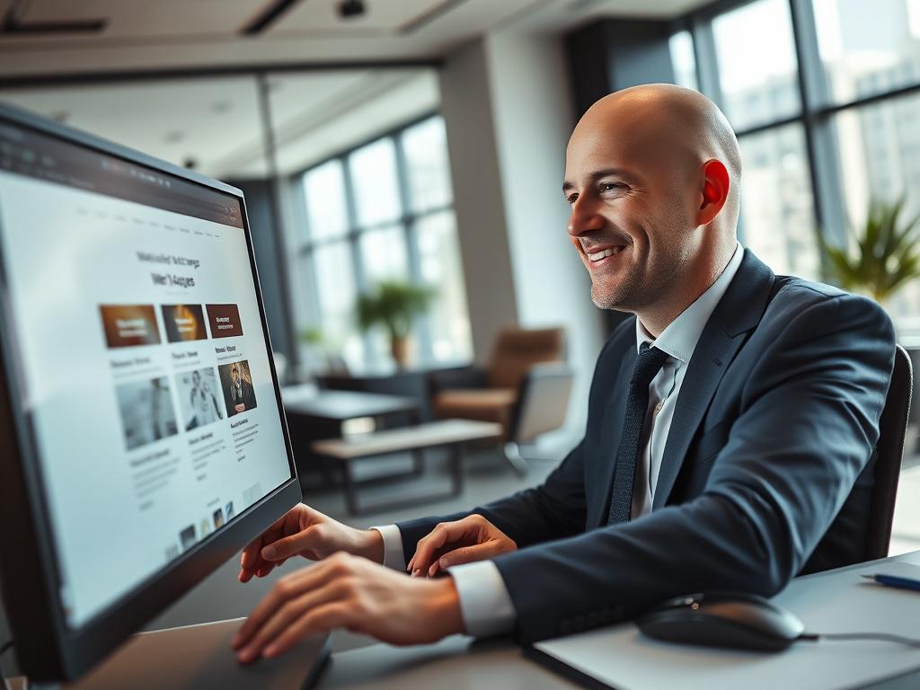 A business professional in a sleek, modern office setting, looking at three different website packages on his computer screen, smiling with satisfaction. He is a bald white male, dressed in a sharp navy suit. In front of him, there's a piece of paper and a fountain pen, suggesting he is about to make an important decision. One hand is on the mouse, indicating he's engaged in the selection process. The office exudes professionalism with stylish decor, large windows allowing natural light, and a clean desk. T