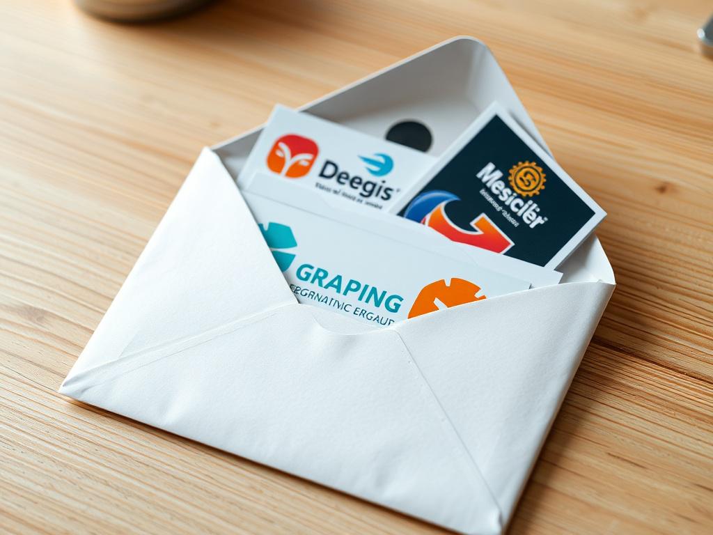 A realistic high-resolution photo of a company logo and graphic designs arranged neatly inside an open envelope. The envelope should be white with a subtle texture, placed on a clean wooden desk background. The logos and graphics should be vibrant and well-designed, showcasing various styles and colors. The focus should be on the envelope and its contents, with a shallow depth of field to create a soft blur in the background.