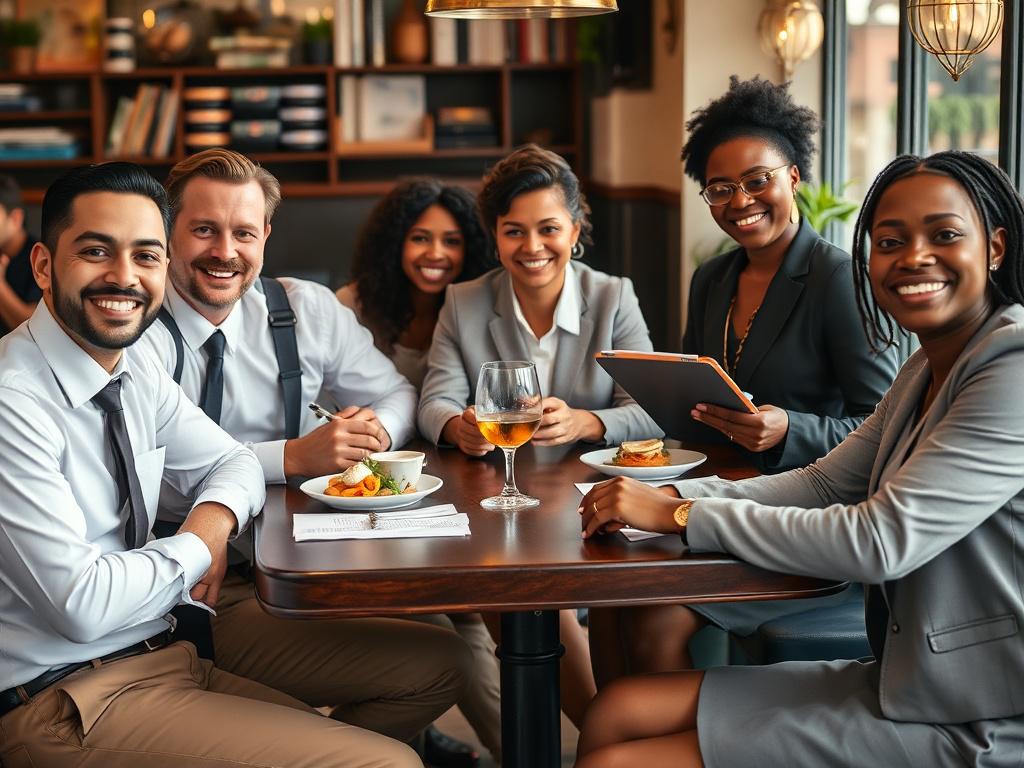 A bistro scene featuring a diverse group of professionals enjoying lunch together. Three men in white shirts, khakis, and ties represent a lawyer, a beauty advisor, and a teacher. They are sitting at a dark oak bistro table, smiling at the camera. Two Black women in pencil skirts hold clipboards, and an Olympian completes the group. The atmosphere is warm and inviting, with a focus on camaraderie and professionalism, capturing a moment of joy and connection.