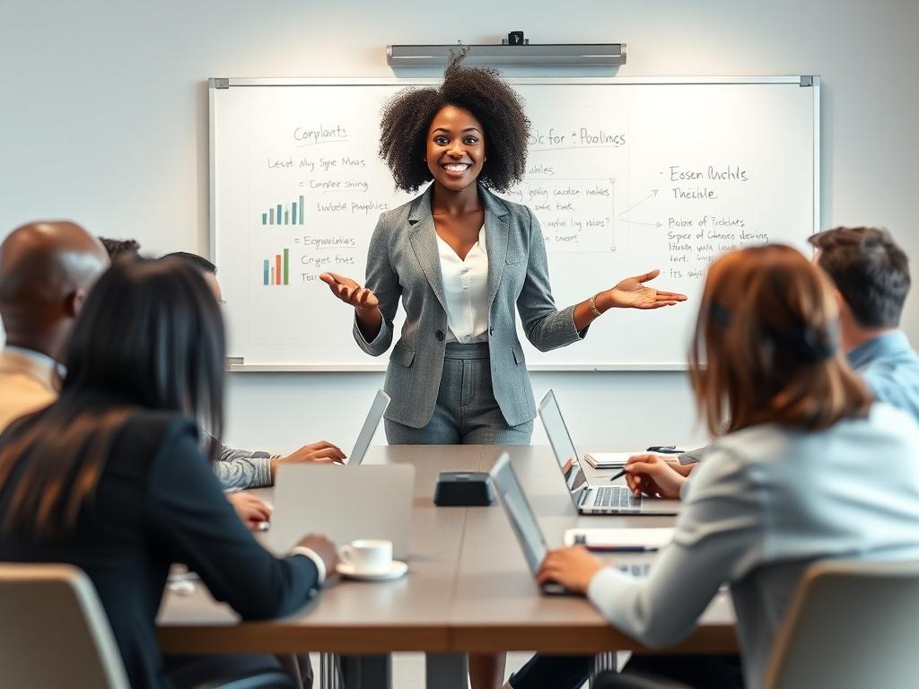 A black woman standing confidently in front of a diverse group of adults in a corporate setting, engaging them in a teaching session. The classroom is modern and well-lit, with a large whiteboard behind her displaying key points. The adults are attentive, seated at sleek conference tables with laptops open, taking notes. The woman is dressed professionally, exuding enthusiasm and expertise, with a warm smile as she gestures towards the whiteboard. The background is simple and unobtrusive, focusing on the in