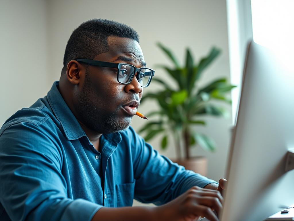 A heavy weight black man wearing a blue button-up shirt is sitting at a desk with a computer in front of him. He has glasses on and a pencil in his mouth, looking perplexed as he studies the computer screen. The scene is set in a well-lit room during the daytime, with natural light streaming in. The focus is on the man, captured in a close-up shot with a hyper-realistic style, emphasizing his expression of concentration and curiosity. The background is simple and uncluttered, highlighting the subject.