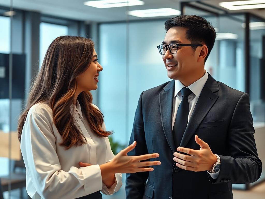 A realistic high-resolution photo depicting an Asian man in a sharp suit engaging in conversation with a white woman wearing a white blouse in a modern corporate setting. The background should show a sleek office environment with glass walls, a contemporary desk, and subtle branding elements. The composition should focus on the interaction between the two individuals, capturing their expressions and gestures, with a focus on professionalism and collaboration. The image should evoke a sense of teamwork and c