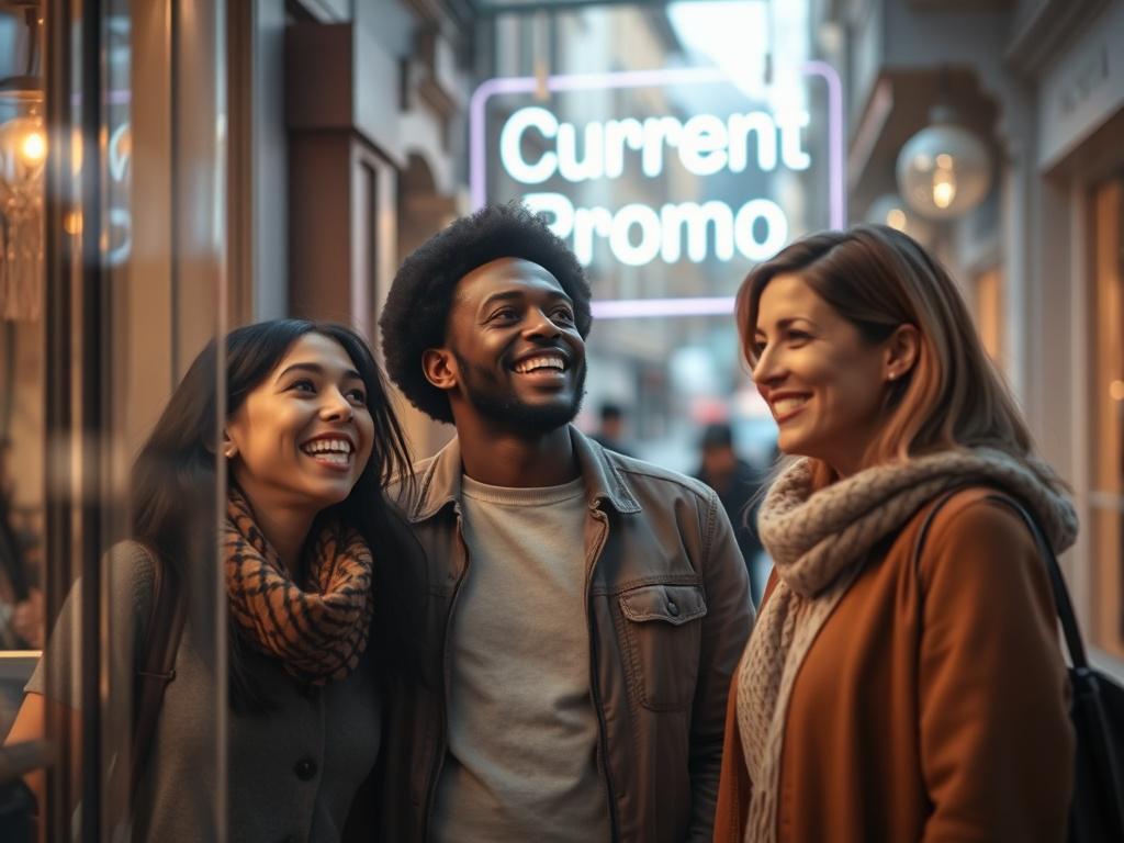 A realistic high-resolution photo of a group of three diverse people (a woman of Asian descent, a man of African descent, and a woman of Caucasian descent) looking excitedly into a shop window. The window displays a bright sign that says 'Current Promo' in bold, inviting letters. The background features a softly lit, cozy street scene with gentle tones and a peaceful atmosphere, enhancing the inviting feel of the moment.