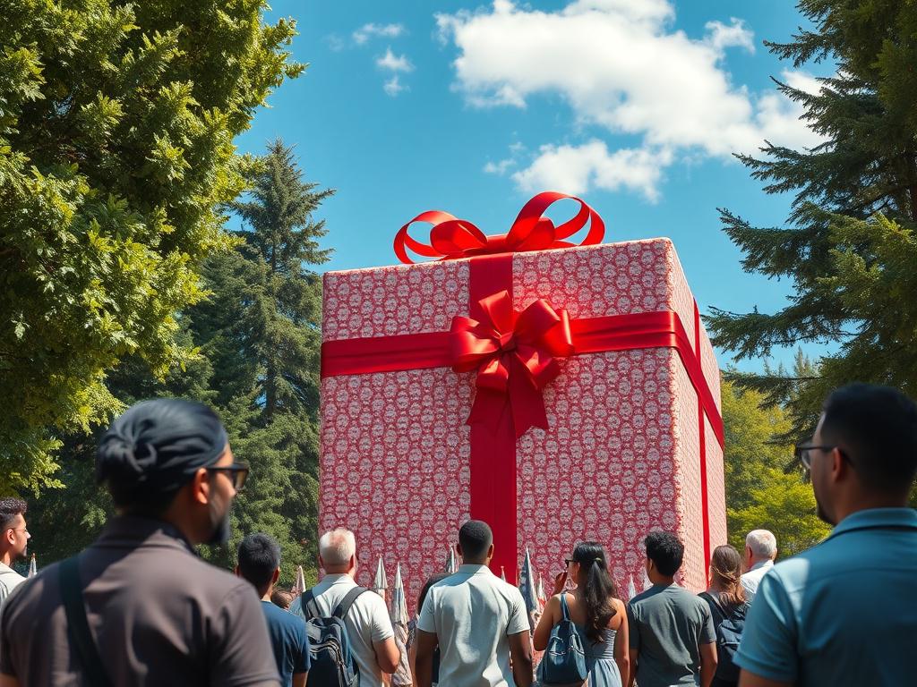A highly detailed, realistic high-resolution photo of a gigantic gift box, 100ft tall, standing in a vibrant outdoor setting. The gift box should be beautifully wrapped with a shiny, red ribbon, and people of diverse backgrounds are gathered around, looking up in awe at its grandeur. The scene should capture the excitement and wonder of the onlookers, with a clear blue sky and lush greenery in the background, creating a festive and inviting atmosphere.