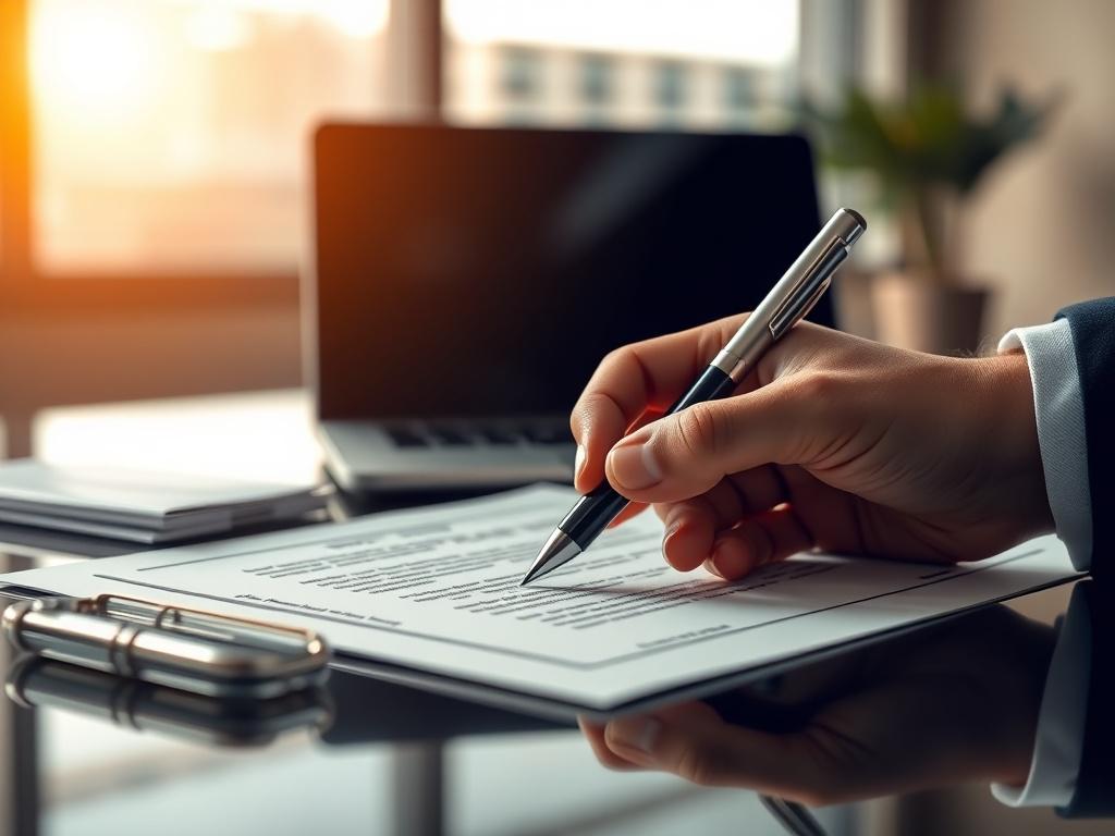 A close-up shot of a professional contract being signed, with a hand holding a pen in focus. The background is softly blurred, showcasing a modern office setting with a sleek desk and a laptop. The lighting is warm and inviting, emphasizing the importance of the moment. The image should be hyper-realistic, shot with a 45mm f/1.2 lens style, and compatible with the primary color #C31755.