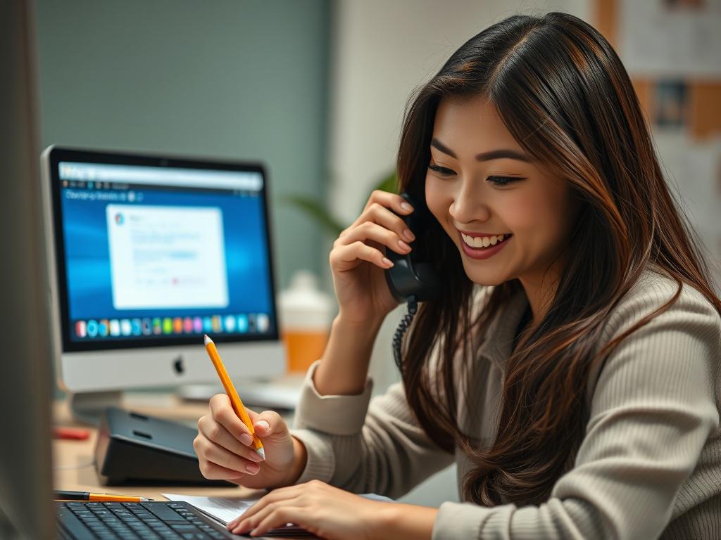 A close-up shot of an Asian woman sitting at her desk, engaged on a corded phone with a smile on her face. She is writing something down with a pencil, showcasing her attentiveness and positivity. In the background, a desktop computer displays a notification indicating that she has received a new email, adding to the cheerful atmosphere. The composition focuses on her expressions and actions, capturing the moment of productivity and happiness.