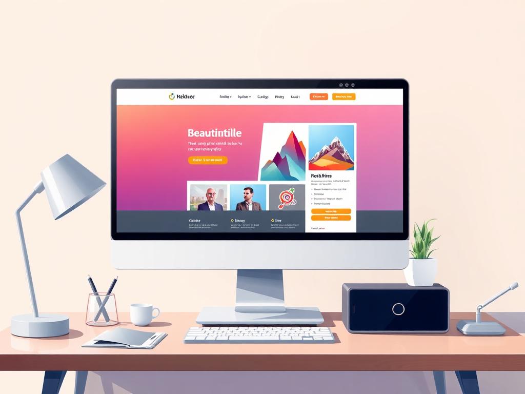 A highly detailed and lifelike illustration of a modern, sleek website displayed on a computer screen. The background is a soft, neutral tone that emphasizes the vibrancy of the website design. The screen showcases an aesthetically pleasing homepage with beautifully arranged sections, vibrant colors that align with the #C31755 primary color, and user-friendly navigation elements. The computer is placed on a stylish desk with minimalistic decor, reflecting a professional workspace.