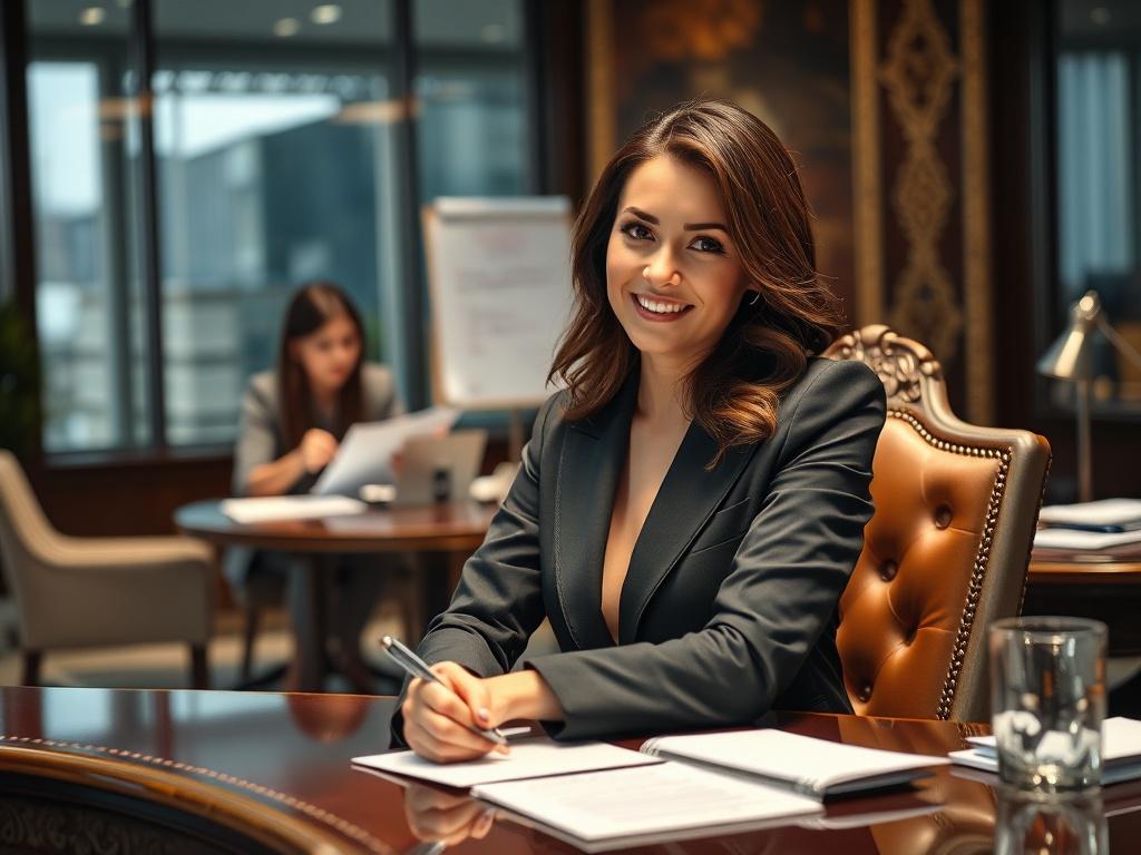 A pretty woman in a suit sitting at a regal desk, exuding confidence and happiness as she thinks deeply about her ideas. She has a pen and paper in front of her, ready to jot down thoughts. In the background, two assistants are engaged in brainstorming, taking notes, and pitching ideas, creating a collaborative and dynamic office atmosphere. The setting is sleek and modern, with a focus on the woman at the desk, capturing the essence of creativity and teamwork.
