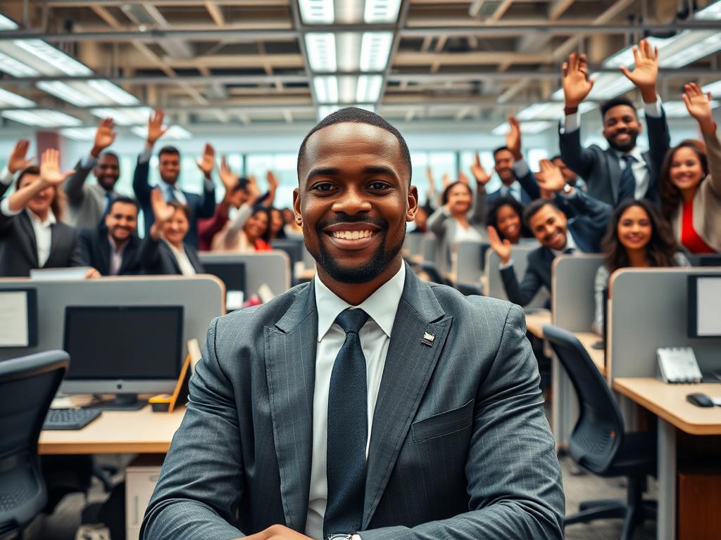 A close-up shot of an African American business professional sitting confidently at a desk in a vibrant office filled with desks and cubicles. Around him, diverse staff members are standing up, peeking over their cubicles, smiling, and giving high-fives. The atmosphere is celebratory, as if they just made a great decision regarding their marketing and new website. Everyone is dressed in formal suits, with a focus on African American individuals. The background should show a lively office environment, emphas