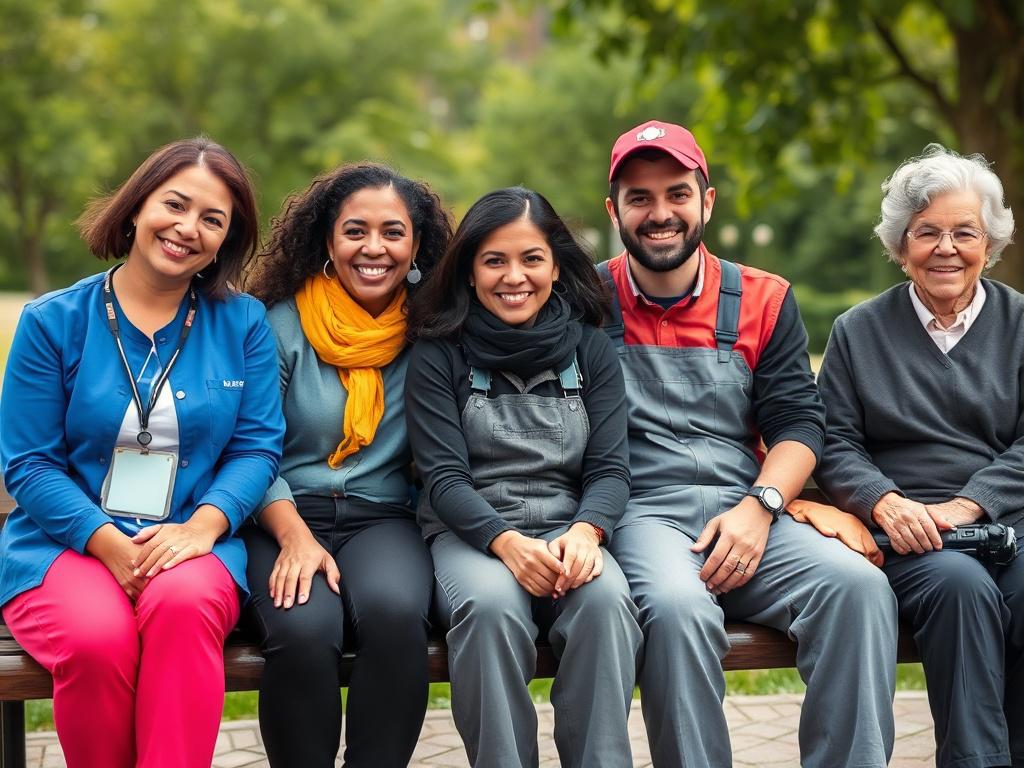 A high-resolution photo of a diverse group of five professionals sitting on a bench, all smiling at the camera. The group includes a nail technician, an author, a daycare provider, a plumber, and a senior caretaker, showcasing their unique identities through their attire and accessories. The background is a simple park setting with soft greenery, ensuring the focus remains on the subjects. The image should be captured with a 45mm f/1.2 lens for a hyper-realistic effect, compatible with the color #C31755.