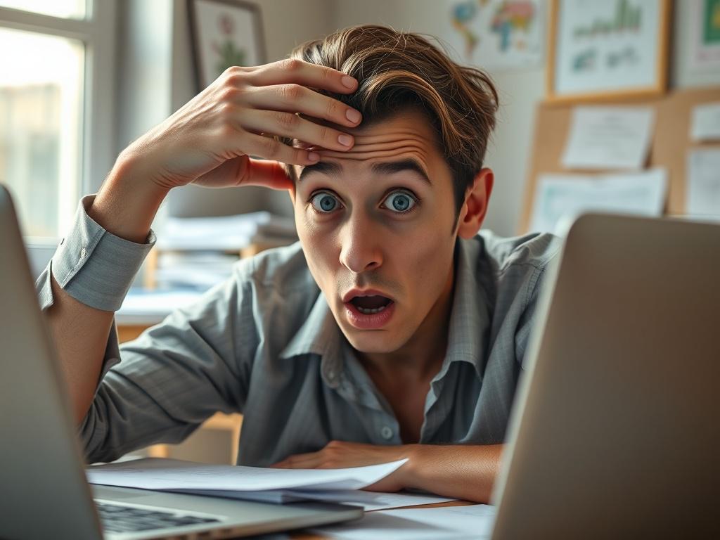 A close-up shot of a person looking surprised and slightly panicked, sitting at a desk cluttered with papers and a laptop. The background is softly blurred to emphasize the person's expression. The subject has a hand on their forehead, indicating a moment of realization. Natural light is coming from a nearby window, casting a warm glow on the scene. The colors should harmonize with a #C31755 primary color theme, enhancing the emotional impact of the moment.