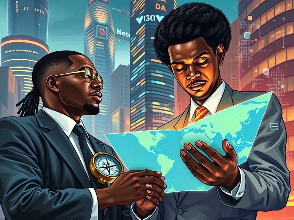 Create a highly detailed, realistic painting-style illustration featuring two black business people. One individual is looking at a compass, symbolizing direction and strategy, while the other is gazing into cyberspace, holding a digital map that represents online navigation and opportunities. The background should be a blend of a modern urban environment and elements of cyberspace, creating a seamless transition between the physical and digital worlds. The color scheme should harmonize with the #C31755 pri