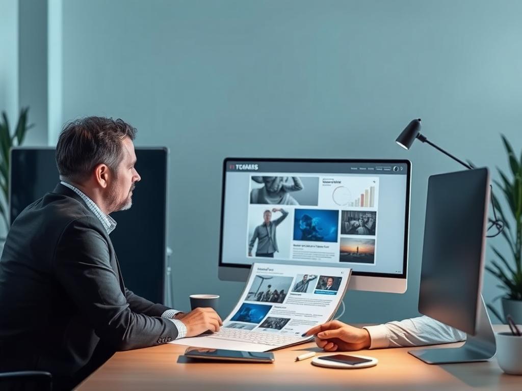 A realistic high-resolution photo depicting a project manager reviewing a website design with a client. The setting should convey a cool-toned environment with shades of rich blues and soft grays, emphasizing collaboration and professionalism.