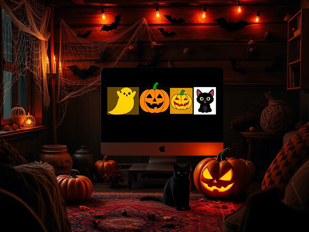A cozy den decorated for Halloween, featuring a computer screen displaying three colorful Halloween graphics, such as a spooky ghost, a carved pumpkin, and a cute black cat. The den is adorned with Halloween decorations like cobwebs, bats, and autumn leaves. The lighting is warm and inviting, creating a festive atmosphere. The computer screen should be the focal point, showcasing the graphics clearly, while the background elements enhance the Halloween theme.
