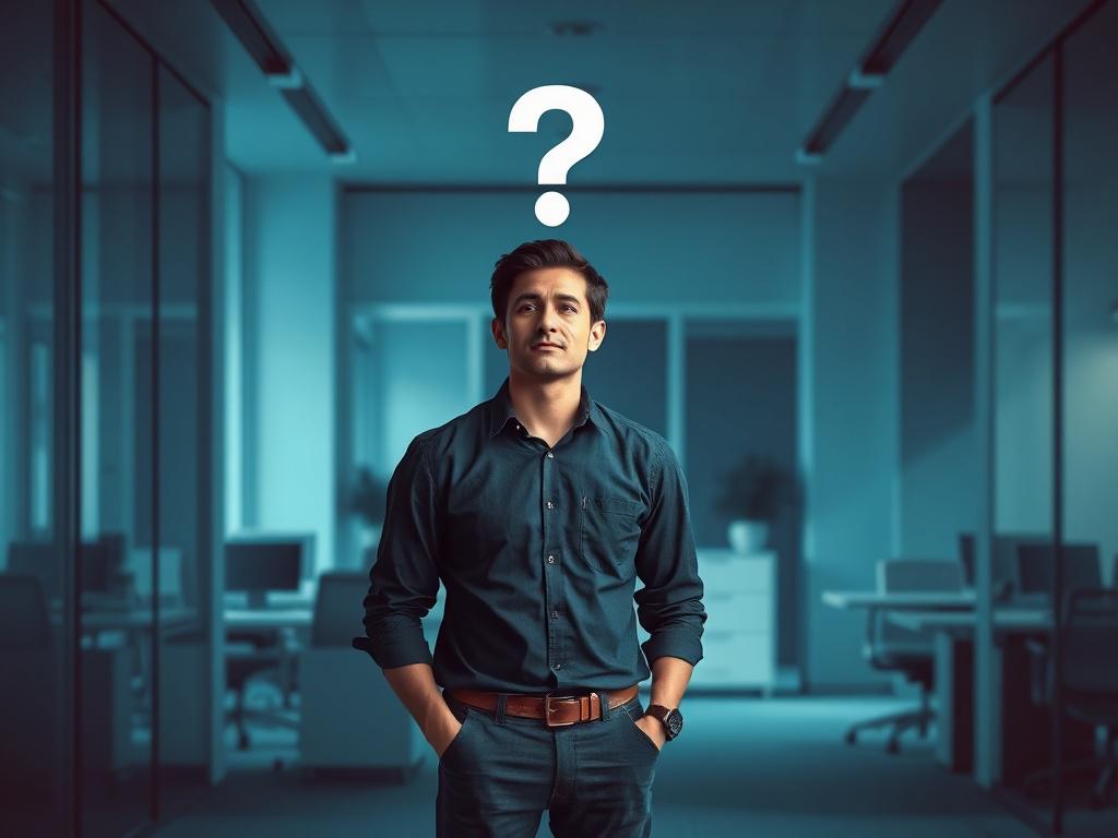 A realistic high-resolution photo of a single person standing in a modern, cool-toned office environment. The individual looks thoughtful, with a question mark above their head, symbolizing curiosity and the search for answers. The background features shades of rich blues and soft grays, creating a calm and professional atmosphere. The person is dressed in smart casual attire, and the scene is well-lit to emphasize their expression. The overall composition is simple and clear, focusing on the individual and