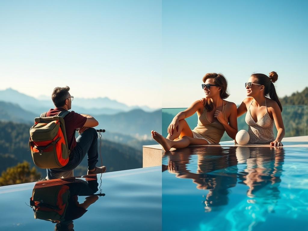 A picturesque setting featuring a father and son engaging in a thrilling outdoor adventure, with a scenic backdrop of mountains or forests. In another area of the image, a mother and daughter are relaxing together by a luxurious pool. Both scenes should reflect luxury, joy, and connection. The image should be crafted with hyper-glossy details, showcasing vibrant colors and luminous highlights.