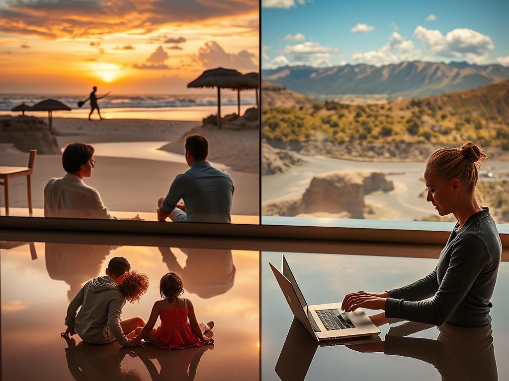 A luxurious travel setting featuring various themed trip elements like a serene beach for MeCation, an adventurous landscape for F.D.K., a father and son bonding over an activity, a mother and daughter enjoying a scenic view, and a professional working on a laptop in a beautiful location. The scene should be vibrant and inviting, showcasing the essence of luxury travel. The composition should highlight each theme distinctly while maintaining a cohesive look with hyper-glossy, mirror-like reflections.