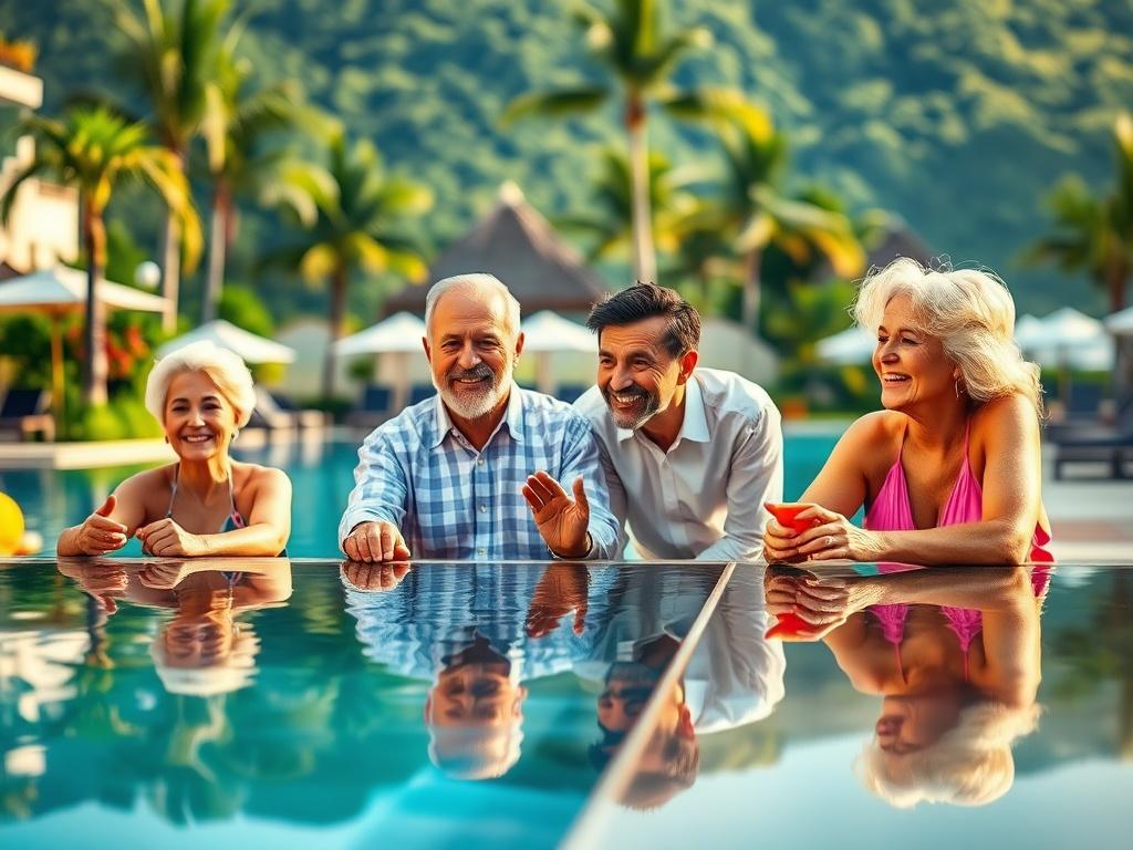 An idyllic family travel scene showcasing a luxurious vacation setting with a multi-generational family enjoying activities together. The background should feature a beautiful resort, lush greenery, and a pool. The family members should be engaged in joyful activities, capturing the essence of togetherness and adventure. The image should possess hyper-glossy finishes, reflecting light beautifully while maintaining a warm and inviting atmosphere.