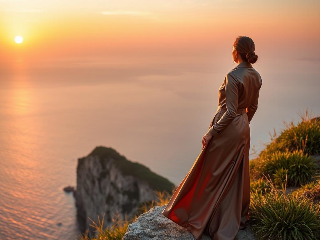 **AI Image Generation Prompt:**

Create a realistic high-resolution photo that embodies the essence of luxury travel, specifically for a blog titled "Choosing the Right Luxury Location." The image should focus on an elegantly dressed traveler standing on a stunning cliff overlooking a breathtaking coastline at sunset. 

**Composition:** The composition must be simple and clear, with the traveler as the sole focal point. The subject should be positioned off-center to the right, allowing the expansive view of