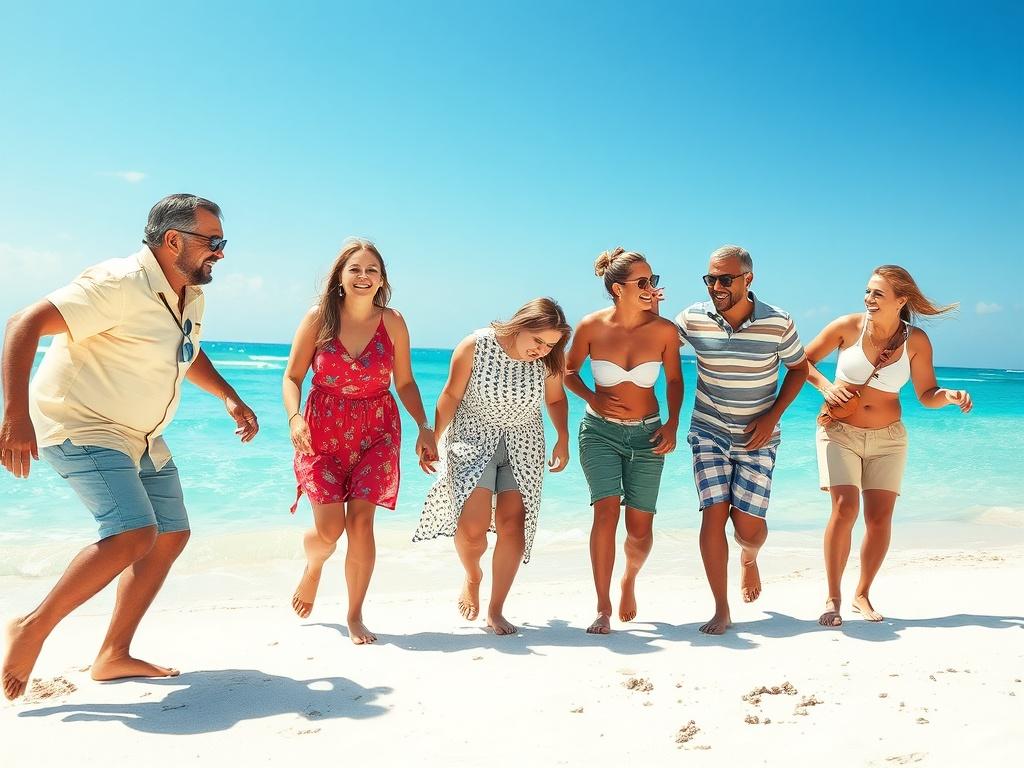 A vibrant family gathering on a pristine beach, with a diverse group of family members enjoying a sunny day. The scene should feature a multi-generational family, laughing and playing together, showcasing a sense of joy and connection. The background should have crystal-clear turquoise waters and soft white sand, with a bright blue sky overhead. The image should reflect high-resolution realism with hyper-glossy finishes, emphasizing the happiness of the family, while the overall color scheme should harmoniz
